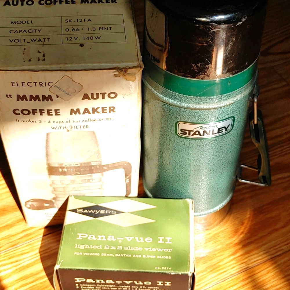 60s vintage thermos, slide viewer and coffee maker for car camping boating